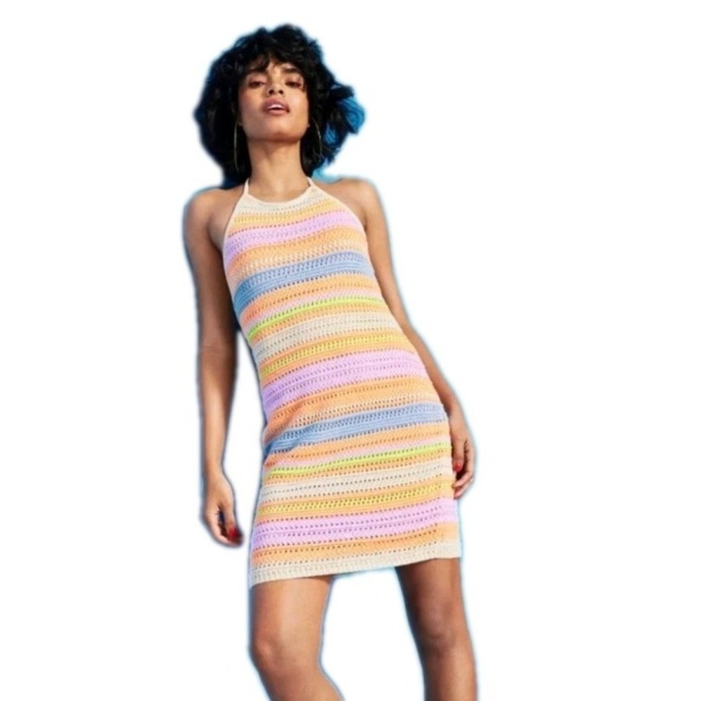 House Of Harlow 1960 Crochet Halter Dress Sz S Boho Multicolor Striped Knit